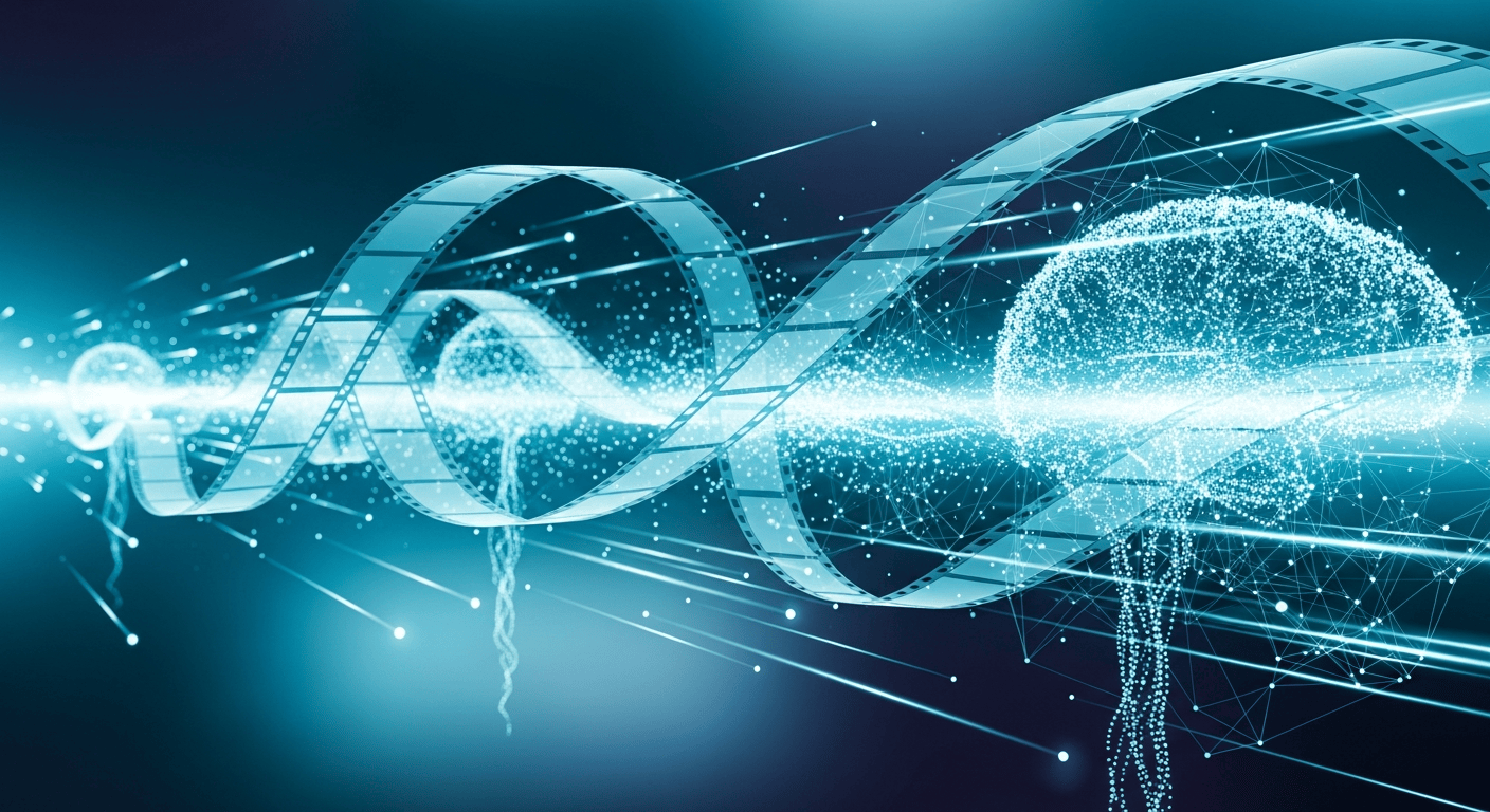 Abstract cyan-teal visualization of AI video generation and world models
