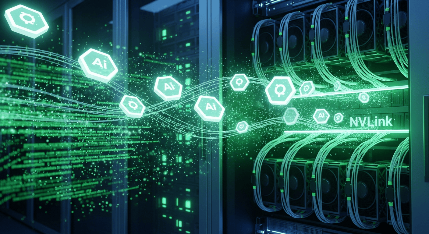 AI 토큰이 GPU 서버와 네트워크를 흐르는 데이터센터를 형상화한 추상 일러스트