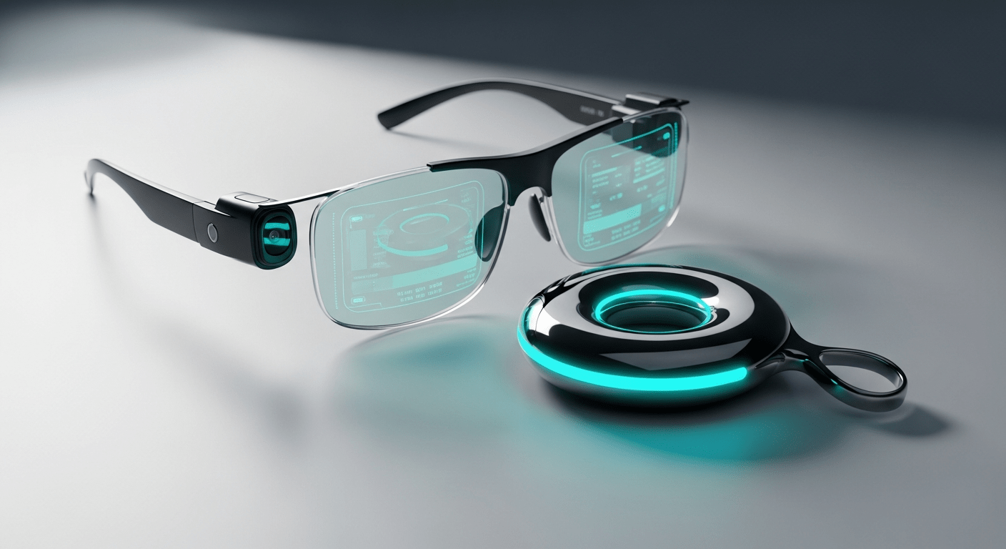 AI wearable pendant and smart glasses concept on a teal-lit surface