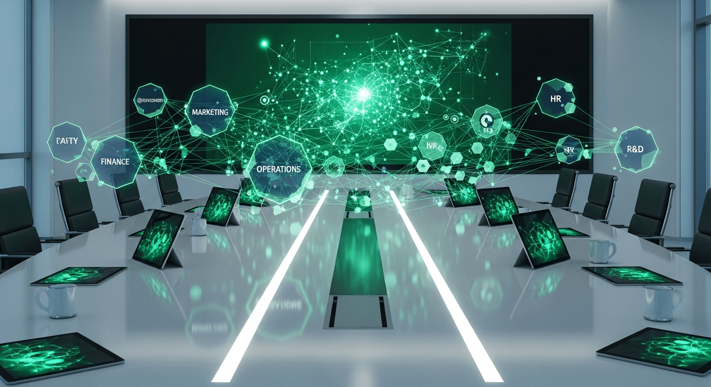Enterprise AI transformation network in emerald-green theme
