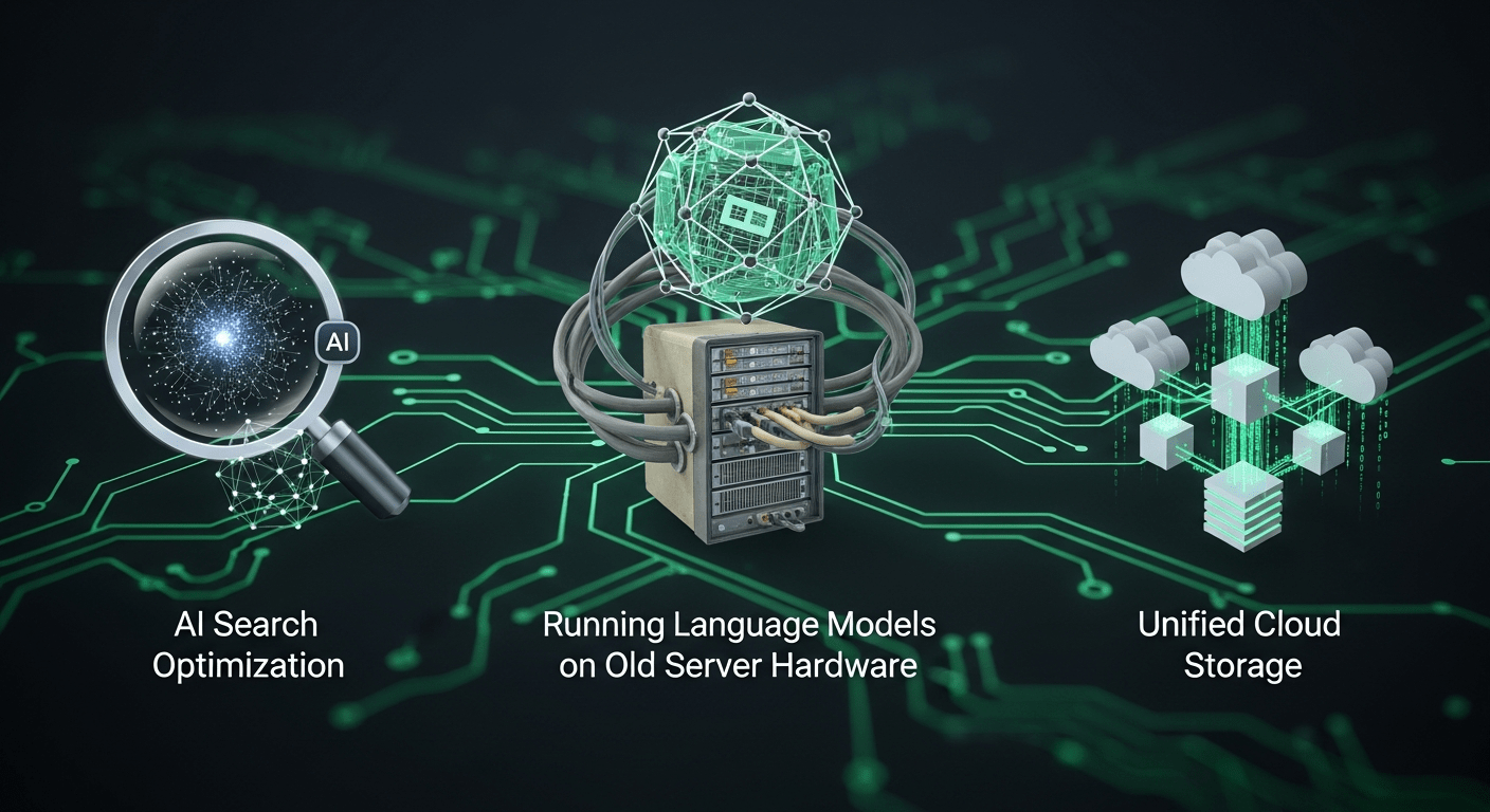 GPU 없는 서버에서의 로컬 LLM, AI 검색 SEO, 통합 스토리지 API를 상징하는 그린 테마 개발 일러스트