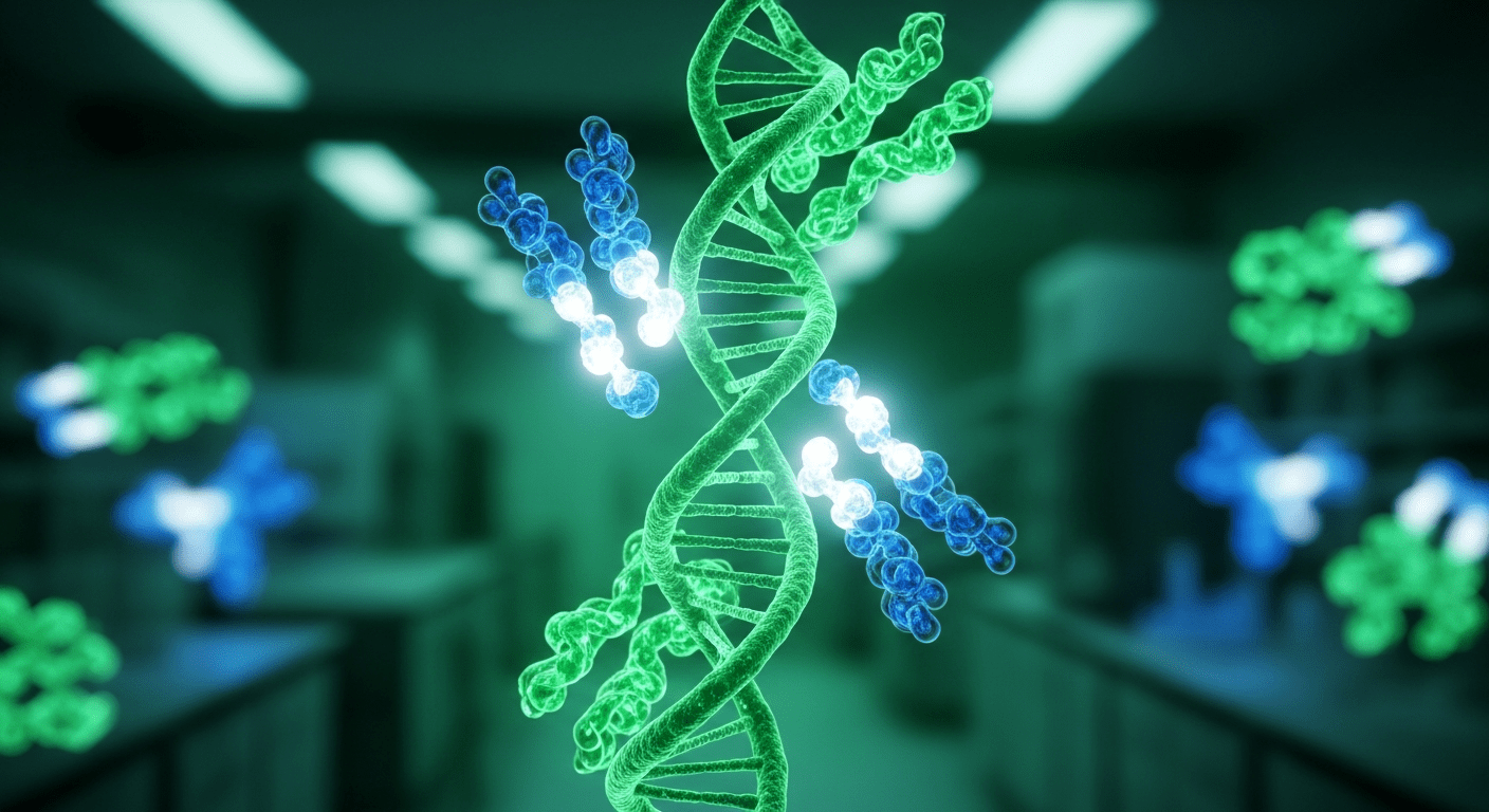 AI-driven molecular drug design with 3D protein and antibody structures representing Chai Discovery's platform