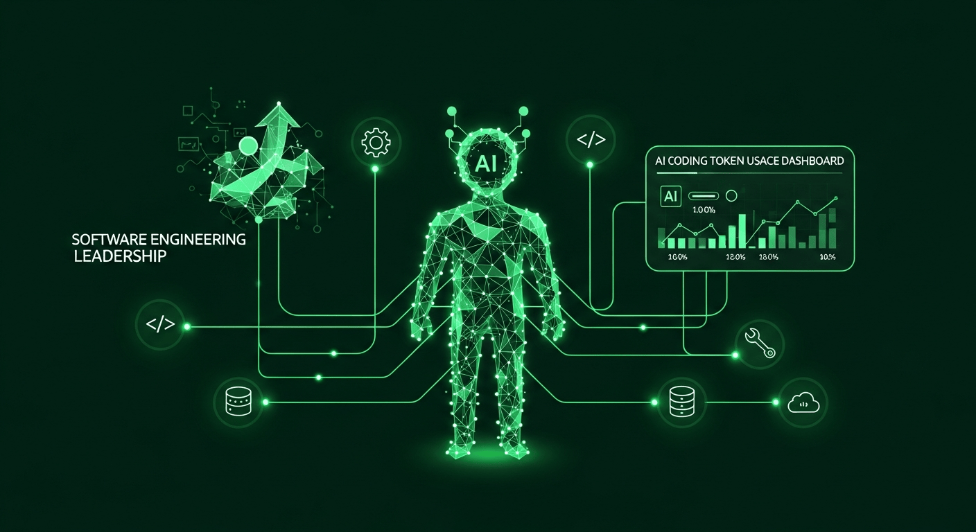 녹색 개발자 테마의 AI 에이전트 도구 그래프와 코딩 토큰 대시보드 일러스트