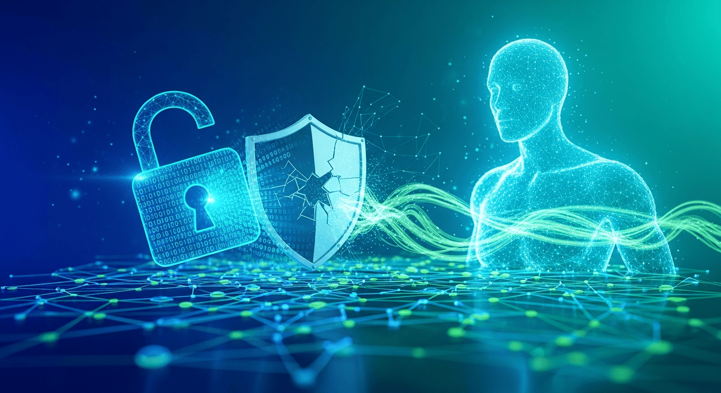 Cyan-teal illustration of an autonomous AI agent probing a corporate network during a cybersecurity capture-the-flag test