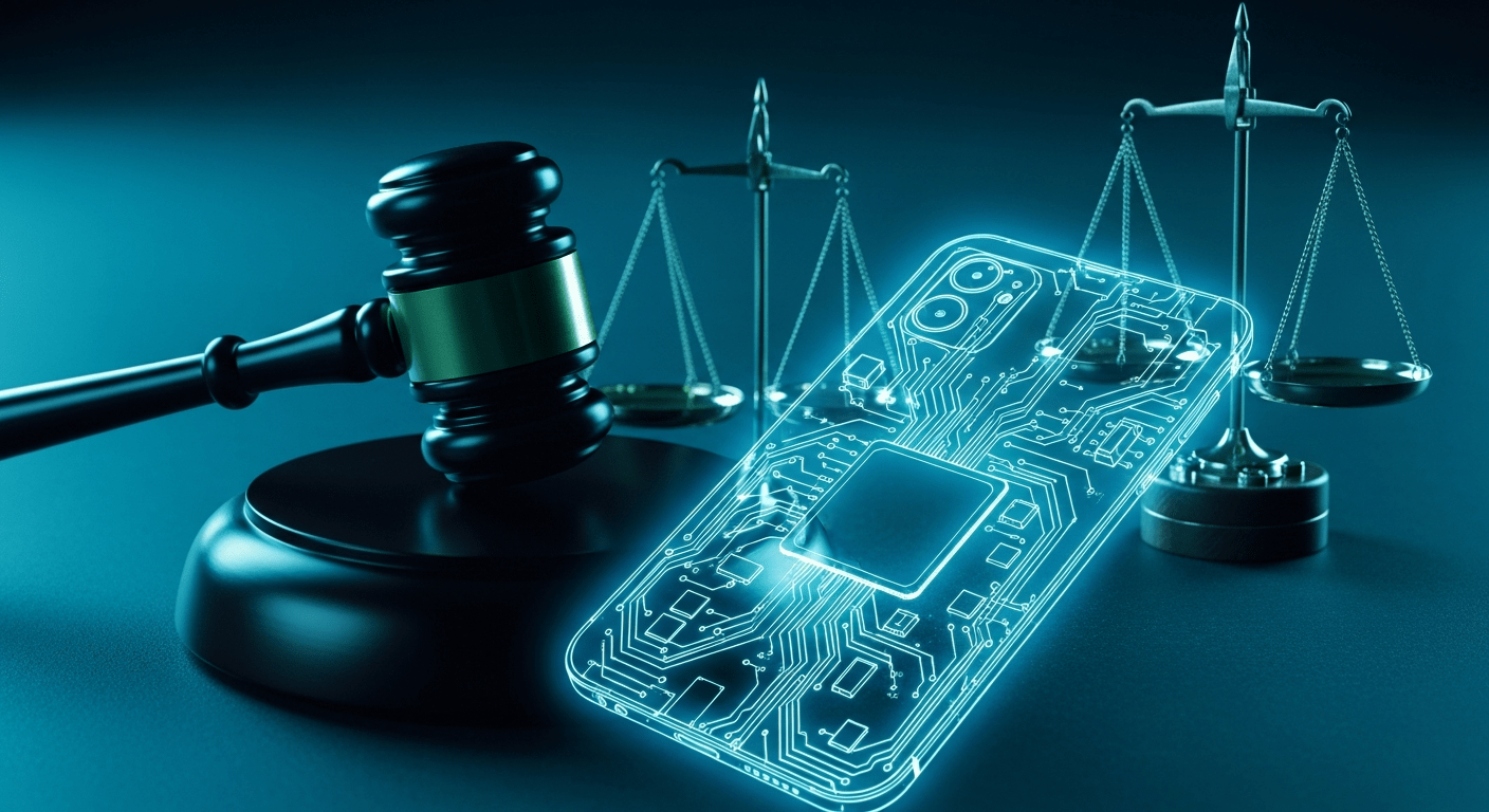 Illustration of a legal battle between two tech giants over secret smartphone hardware designs