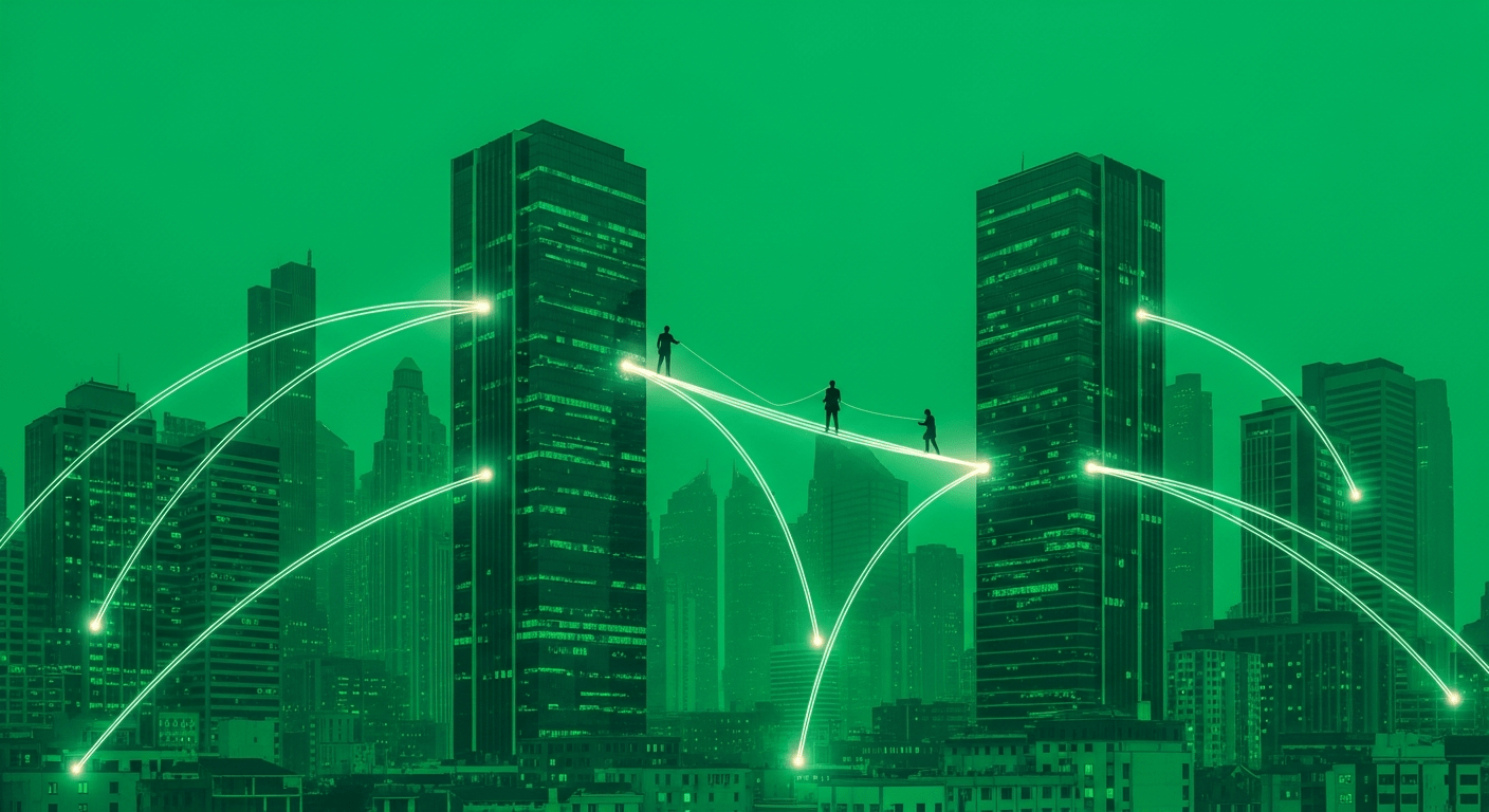 Emerald-toned corporate skyline connected by glowing network streams, symbolizing enterprise AI deployment teams