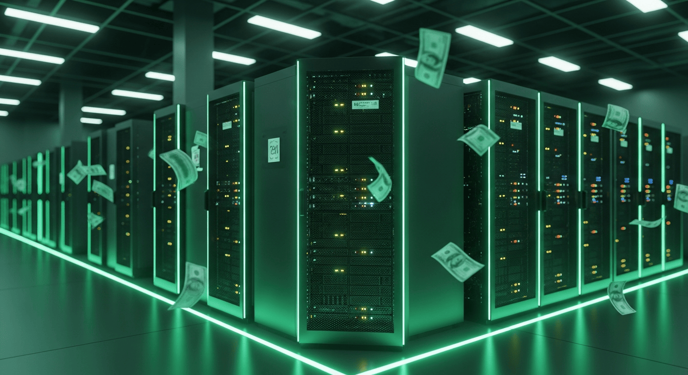 Rows of GPU server racks mostly idle in a dark data center