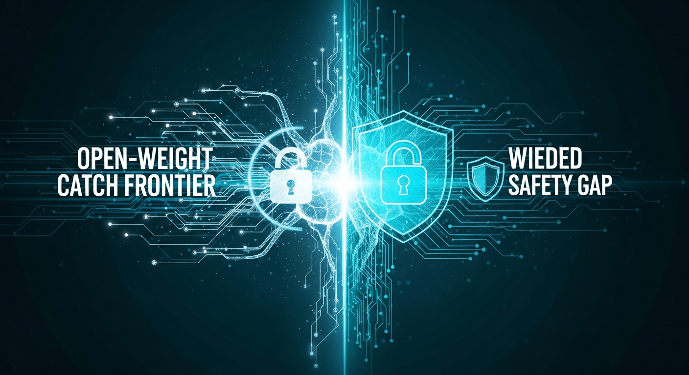 Open-weight AI neural network split between an open half and a locked, shielded half representing the AI safety gap