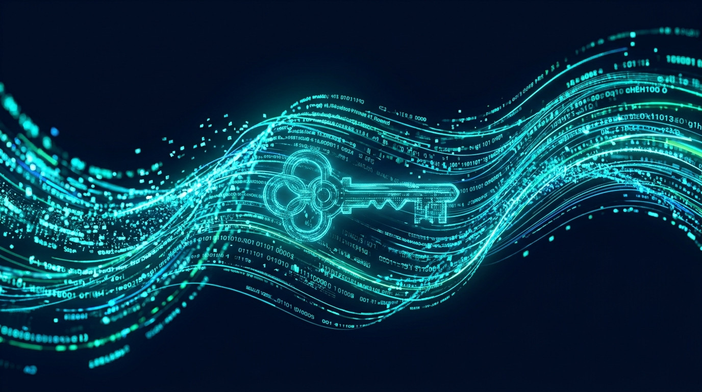 Abstract cyan-teal visualization of an invisible watermark hidden inside streams of AI-generated text