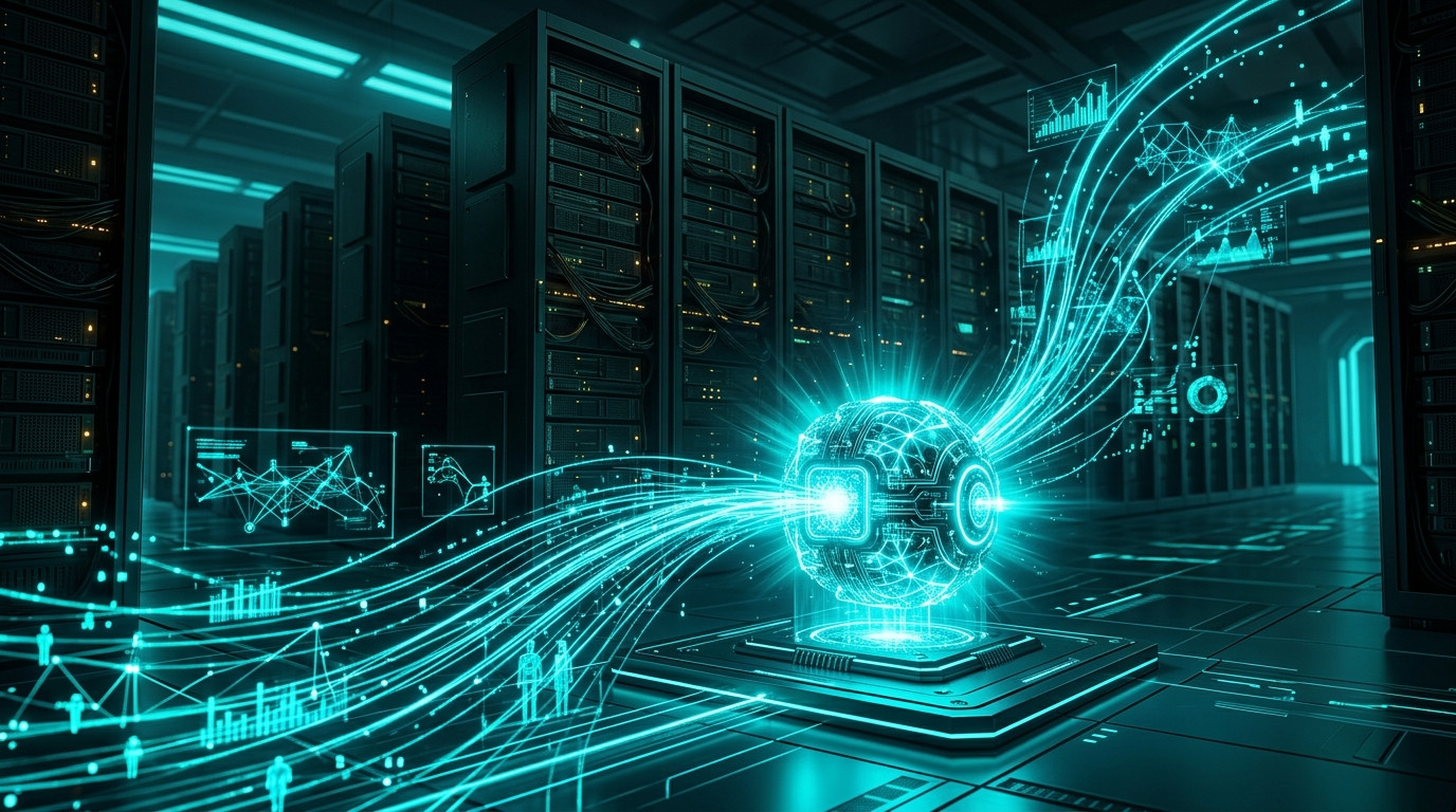 A compact glowing neural core outperforming large server racks, representing a 27B parameter AI agent beating frontier models