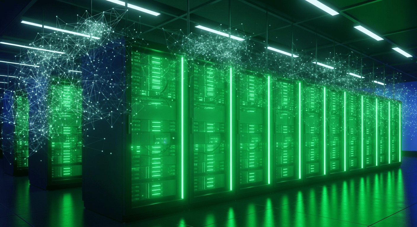Open-source AI cloud infrastructure with green GPU server racks in a modern data center
