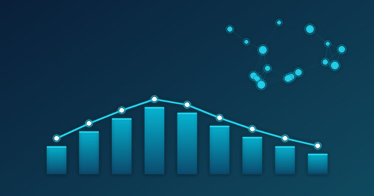 Cyan bar chart rising then falling with a downward trend line and a cluster of connected AI model nodes on a deep navy background