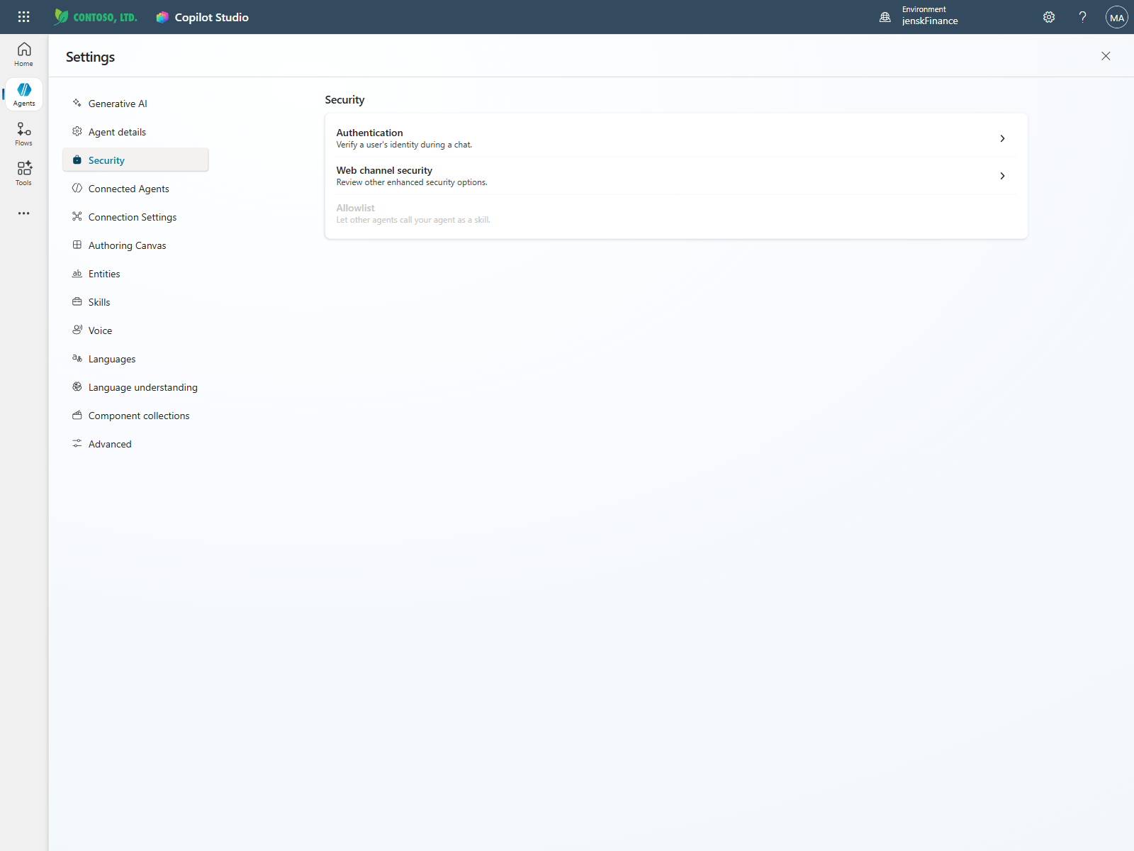 Settings → Security pane with Authentication, Web channel security and Allowlist rows