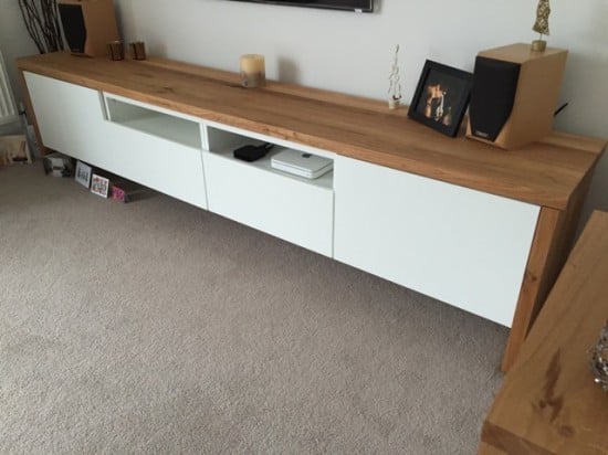 Turn thrift store nightstands into a stylish storage bench with this easy diy. BESTÃ TV Unit with Oak wrap around - IKEA Hackers