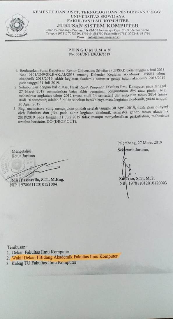 Surat keterangan bebas perpustakaan umy 2. Pemberitahuan Pengajuan Pindah Kuliah Paling Lambat 3 Bulan Sebelum Berakhirnya Masa Studi 31 Juli 2019 Fakultas Ilmu Komputer Universitas Sriwijaya