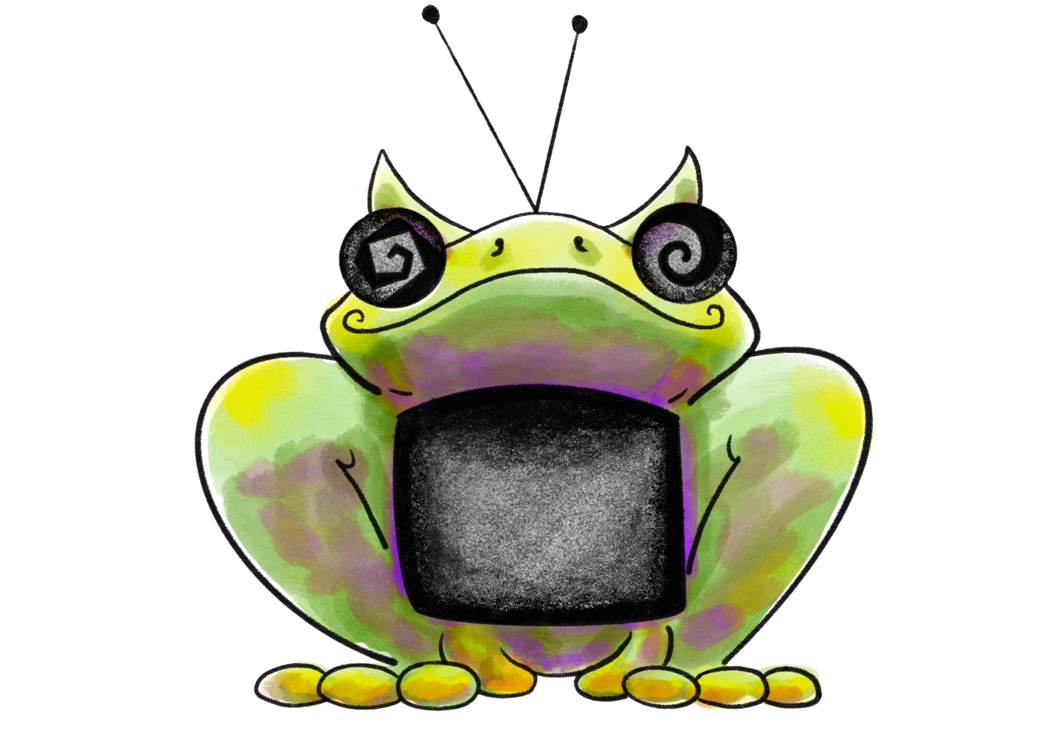 Illogical Frog Studios logo, green frog with a television stomach, tv antennae, and swirling eyes.