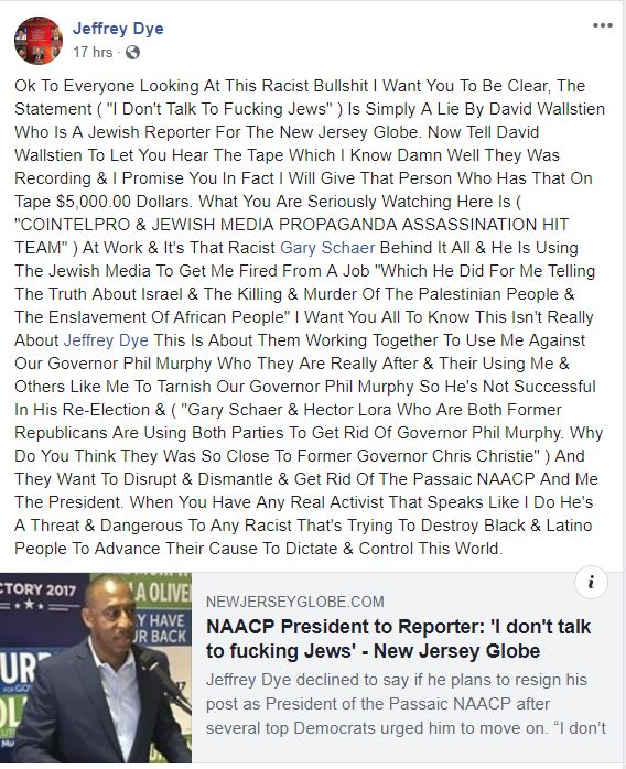 NAACP President Of Passaic, NJ, Allegedly Told Reporter: ‘I Don’t Talk To Fucking Jews’ 2 dye fb