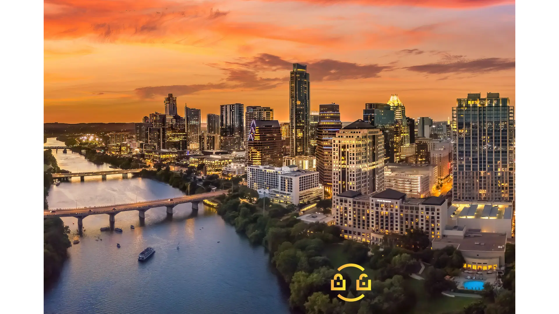 Skyline of downtown Austin, TX with logo for iLocks Locksmith Austin