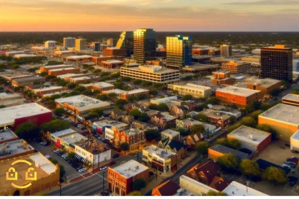 Skyline of downtown Carrollton, TX with iLocks Locksmith Carrollton logo