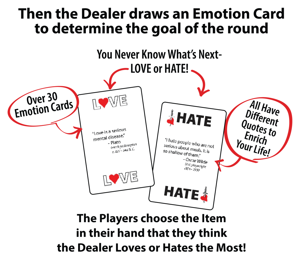 How to Play  I Love/Hate Everything - The party game for opinionated people. Love Hate Game. Step two the dealer draws an emotion card with a fun quote to set the goal of the round. The other player play the item card from they hand that they think the dealer will love or hate the most. Love Hate Game.