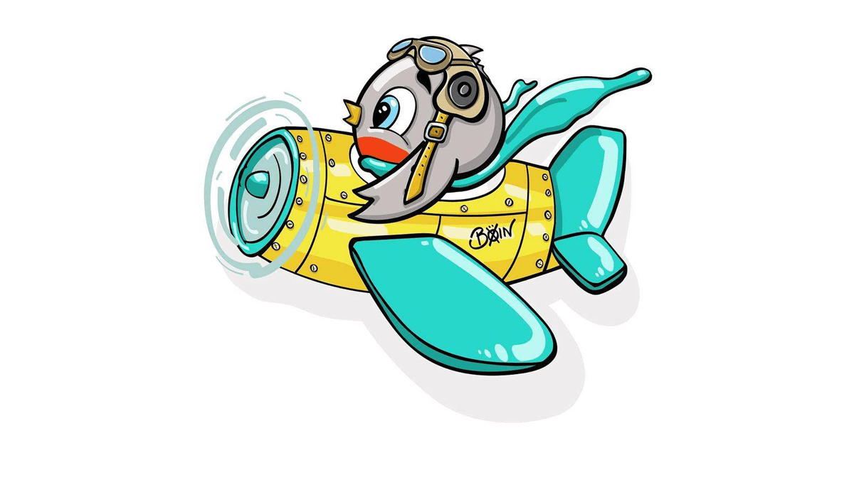 Color illustration of a little gray bird in yellow and teal airplane