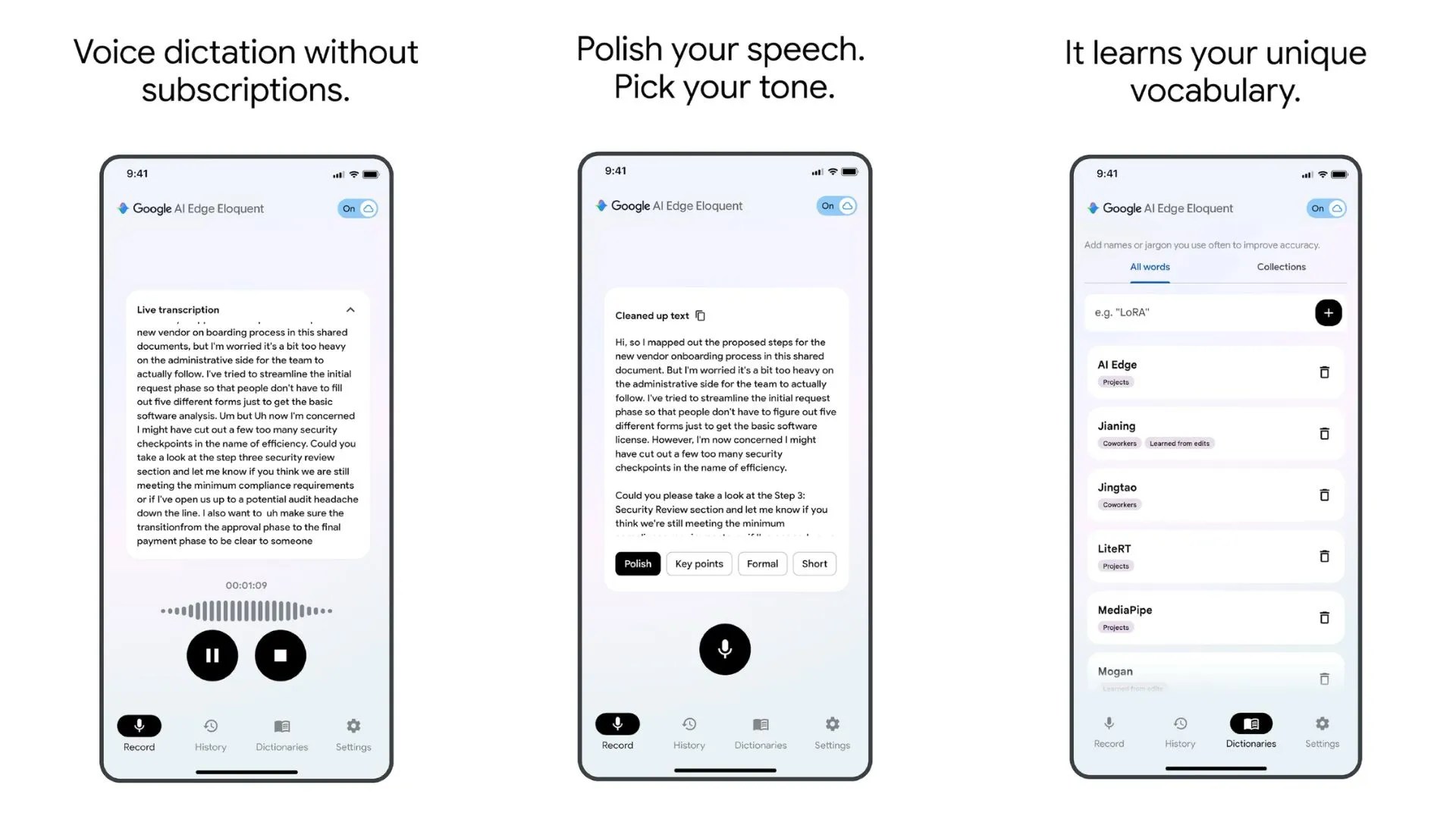 iPhone 顯示 Edge Eloquent 介面，將語音即時轉換為文字內容。