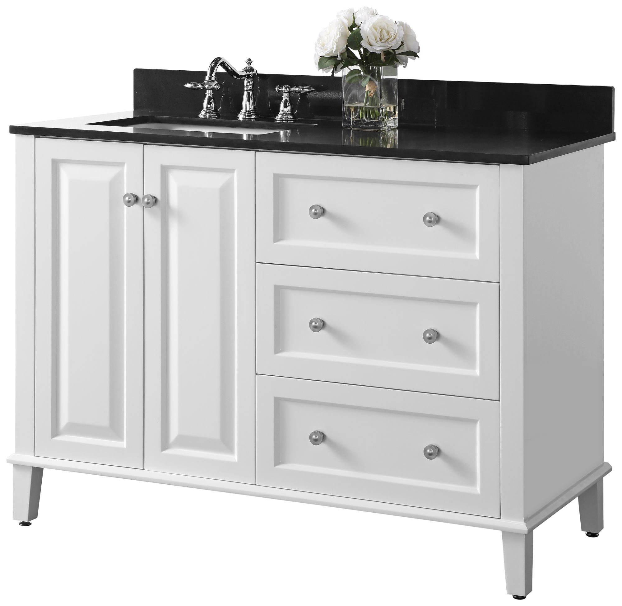 Hang the mirror a few inches above the highest part of the faucet; Hannah White 48" Granite-Top Off-Center Left Sink Vanity