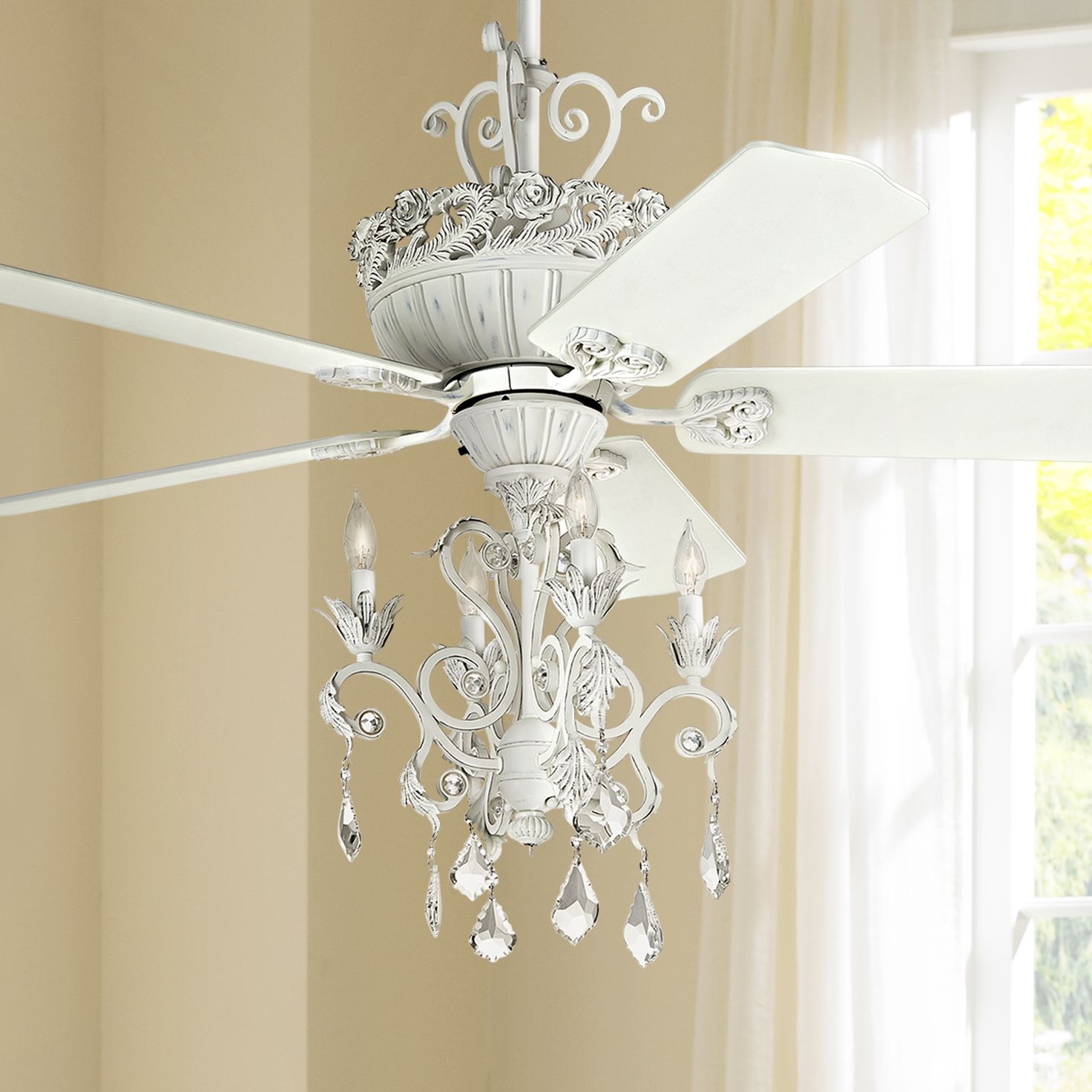 Features three or five blades in 42, 52, or 60 inch span and 15 degree . 52" Casa Chicâ¢ Antique White Chandelier Ceiling Fan