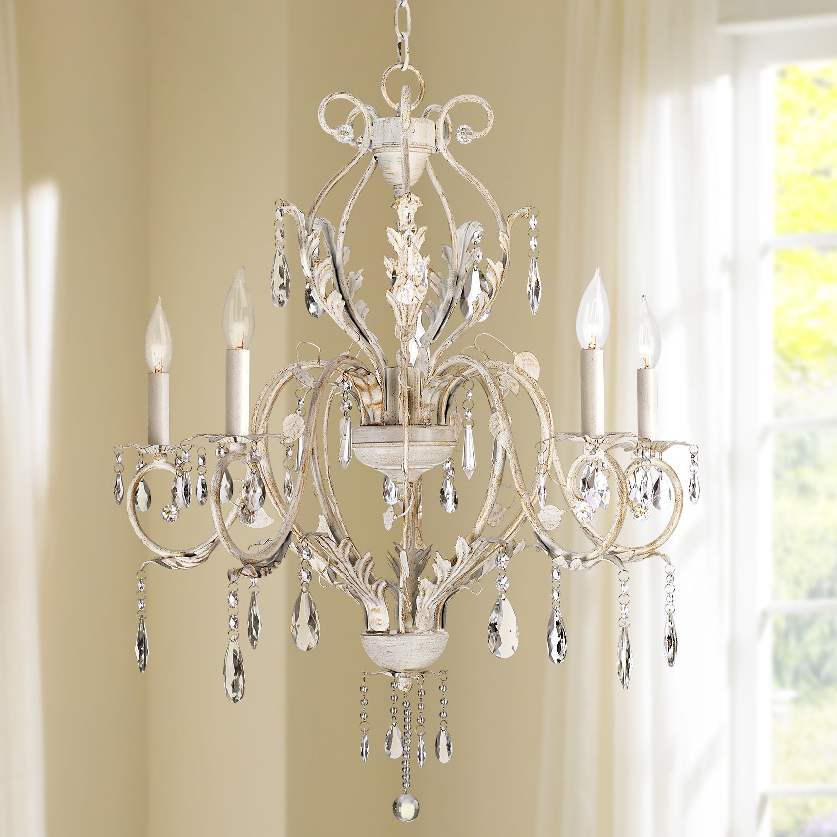 The chandelier takes six 60 watt . Kathy Ireland Devon 5-Light Antique White Crystal