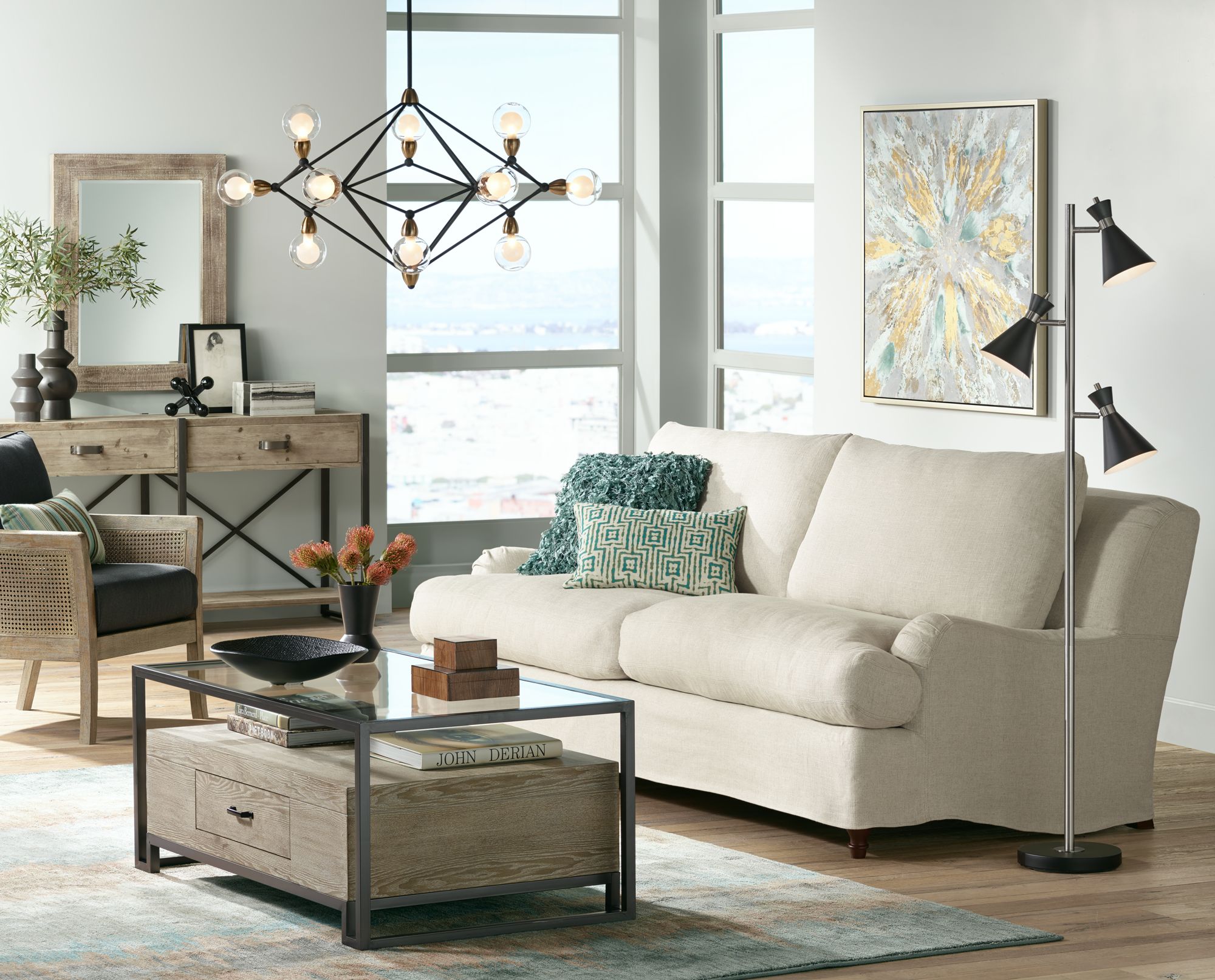 A Living Room With Retro Industrial Lighting And Wood Furniture Accents Lamps Plus
