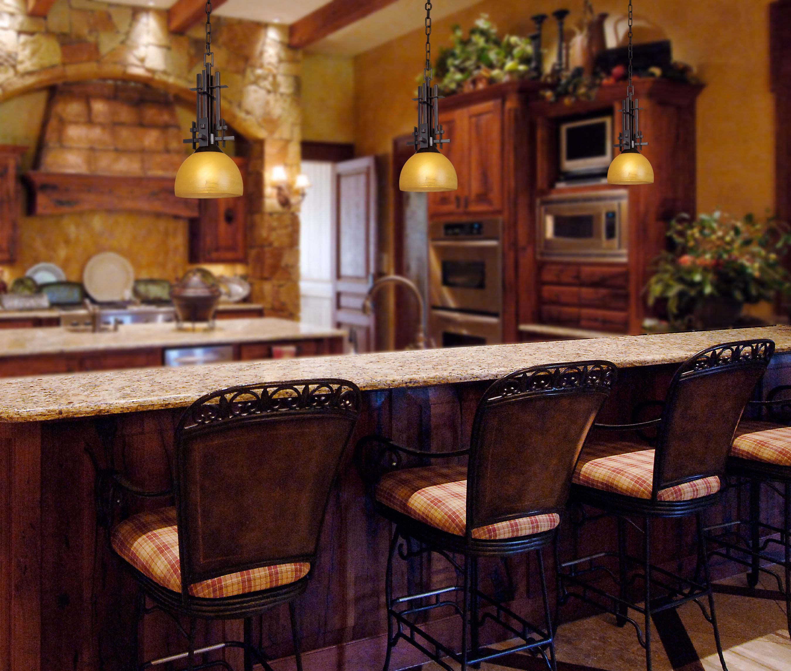 This simple bench is perfect for long gardening tasks or for just sitting under your favorite shade tree. Mission style pendant lighting adds style to kitchen decor