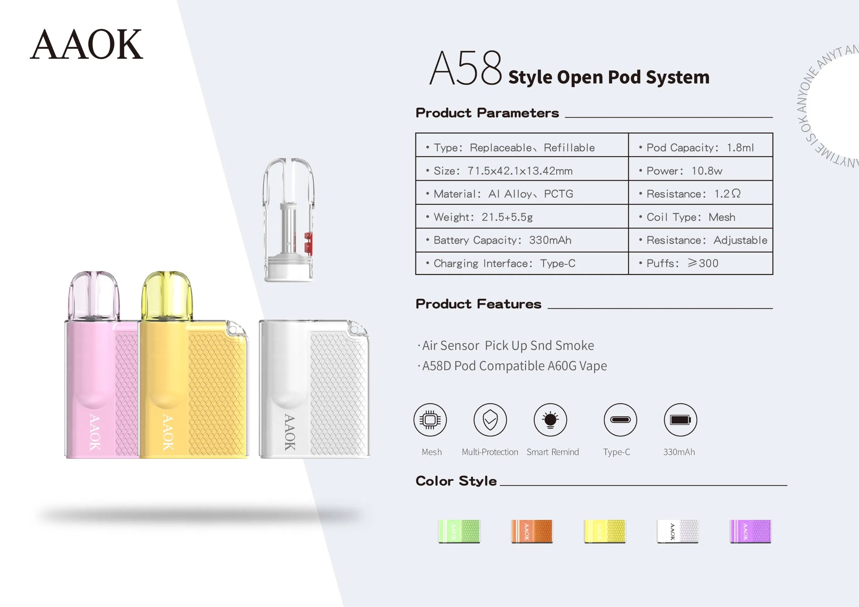 A58 600puffs Refilable Replaceable Pod System