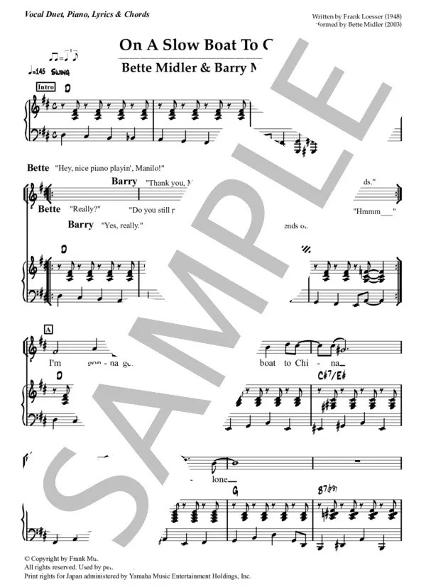 Listen to on a slow boat to china by barry manilow & bette midler, 13791 shazams, featuring on stan getz: æ¥½è­ On A Slow Boat To China Bette Midler Barry Manilow Duet ãã¥ã¨ãã ãã¼ã«ã« ãã¢ãä¼´å¥è­ ã³ã¼ã æ­è©ä»ã Bette Midler ãã¢ãå¼¾ãèªã ä¸­ç´ Piascore æ¥½è­ã¹ãã¢