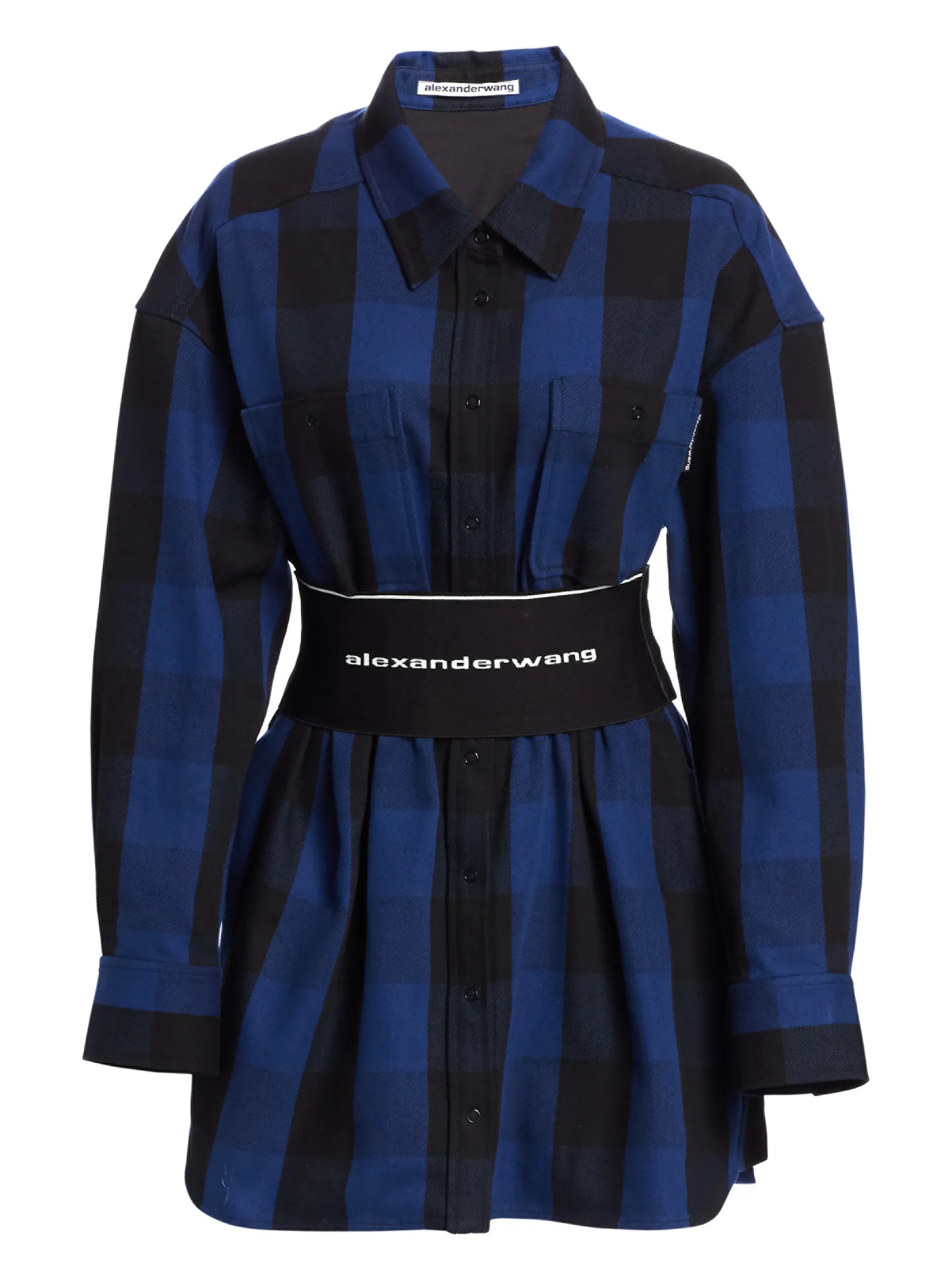 Long sleeve cotton short dress featuring check pattern in black and red. Shop Alexander Wang Logo Elastic Belt Plaid Shirtdress Saks Fifth Avenue