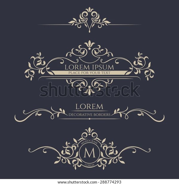 Set of floral wedding logos and monogram with elegant green leaves golden geometric triangular frame for invitation save the date card design. Decorative Vector Frame Monogram Border Template Stock Vector Royalty Free 288774293