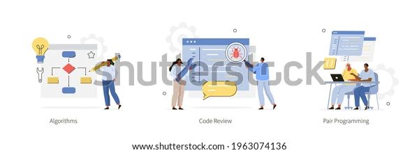 Various Programming And Coding Icons Code Review Writing Algorithms - Download Modern Minimal Illustration | Mobile