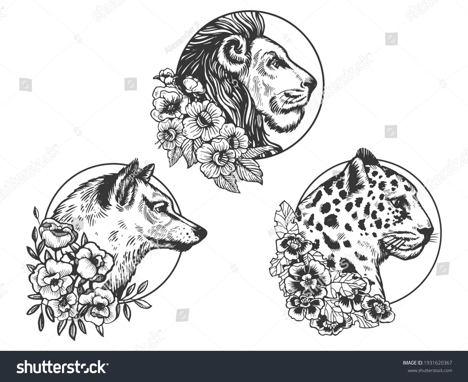 Lion Wolf Leopard Heads Animal Set Tattoo With - Royalty Free Stock Vector 1931620367 - Avopix.com 1225_x_1500_jpg