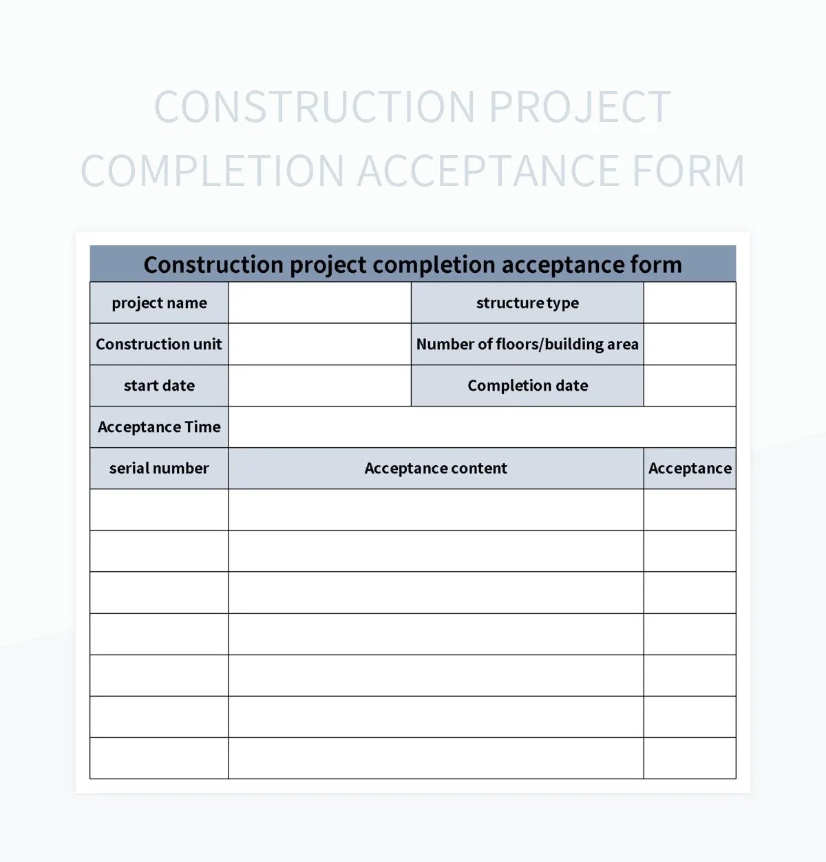 Construction project completion acceptance form excel template and google sheets file for free