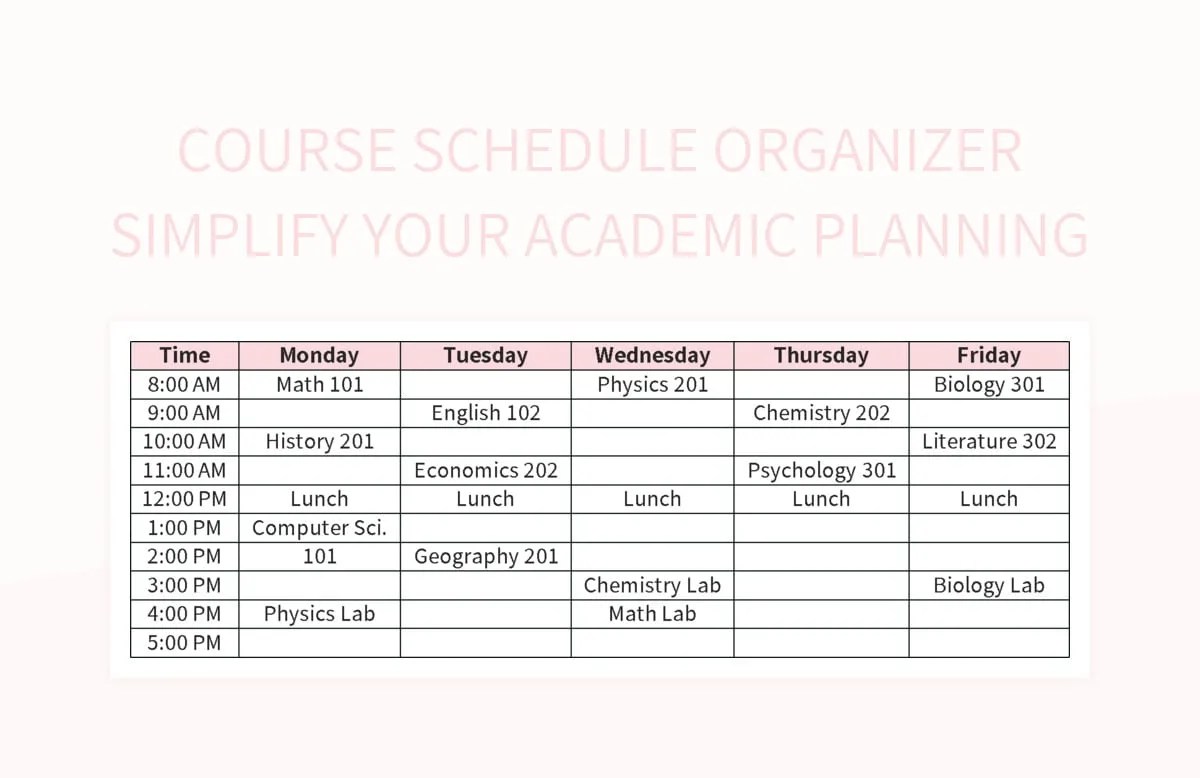 Course schedule calendar simplify your academic planning excel template and google sheets file