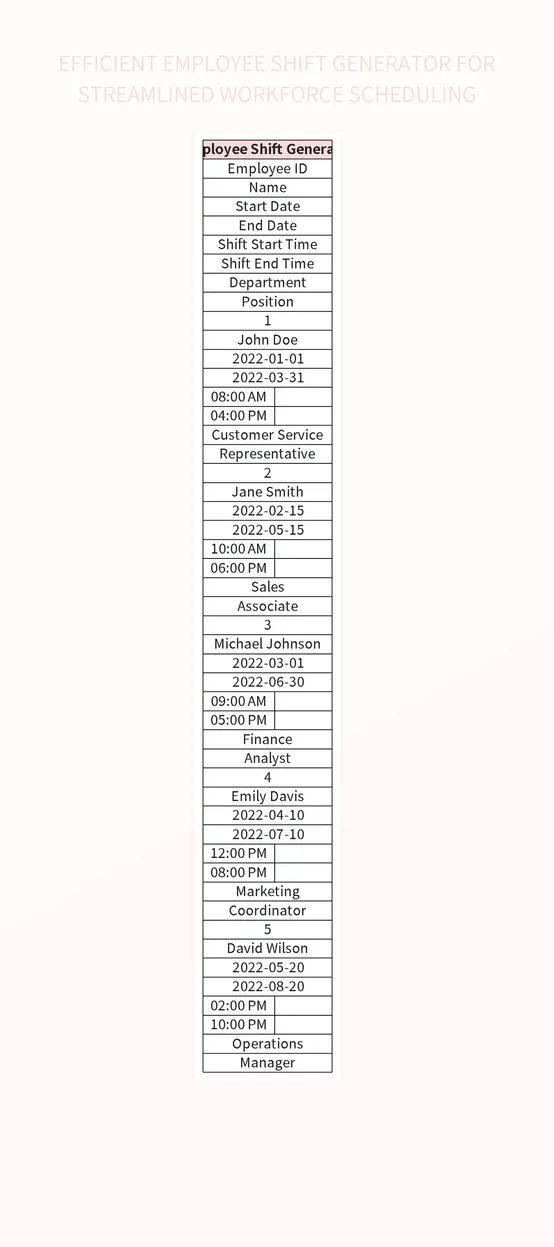 Efficient Employee Shift Generator For Streamlined Workforce Scheduling Excel Template Free - Light Designs - Artistic 8K Collection