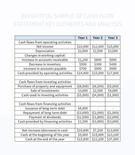 Insightful sample of cash flow statement key elements and analysis