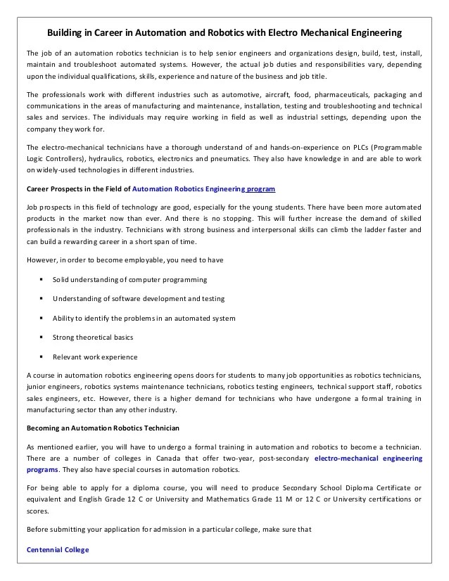 Building In Career In Automation And Robotics With Electro