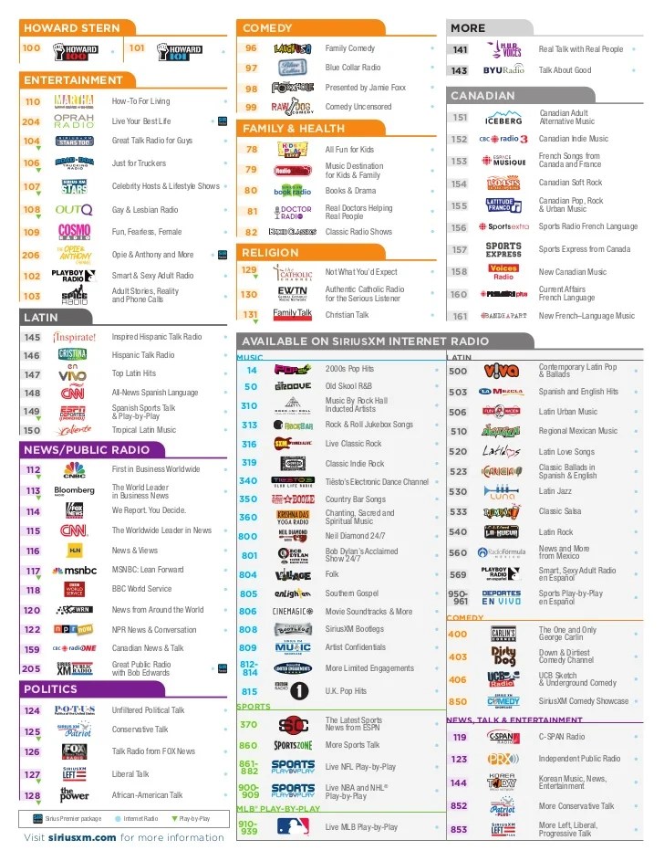 sirius satellite radio channel guide