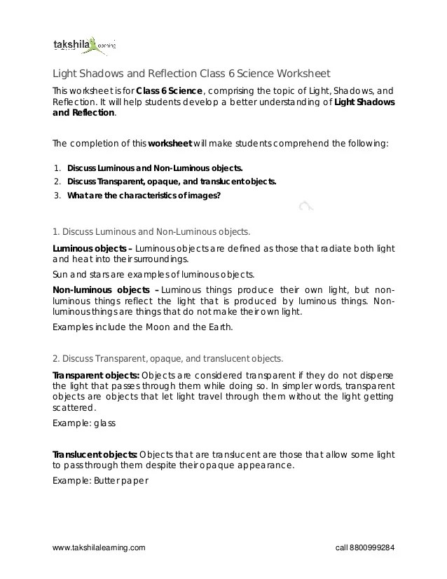 class 6 science light shadows and reflection pdf