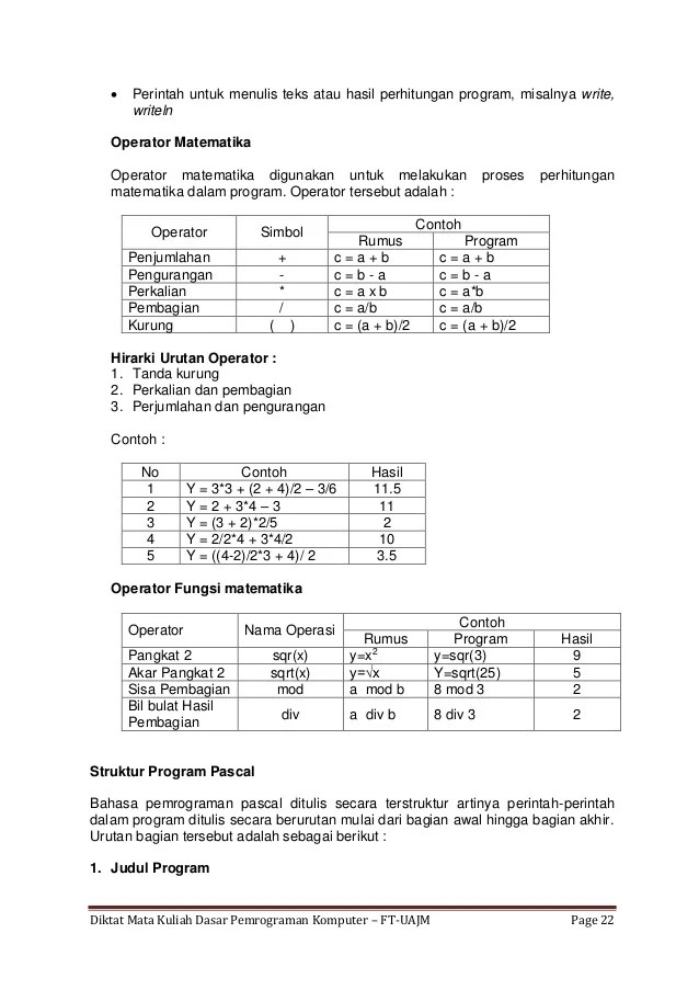 Berikut contoh deklarasi while dengan program pascal:. Dasar Pemrograman Pascal