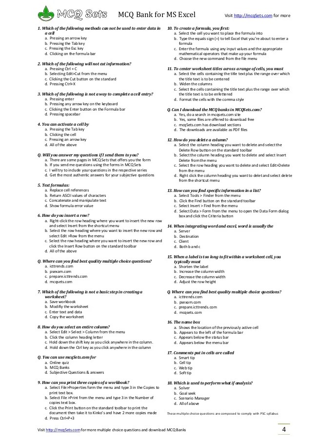 Advanced Excel Multiple Choice Questions And Answers Please write the choice code a b c or d in the answer box provided. Advanced Excel Multiple Choice Questions And Answers Students can solve NCERT Class 12 Maths Three Dimensional Geometry MCQs Pdf with Answers to know their preparation level.