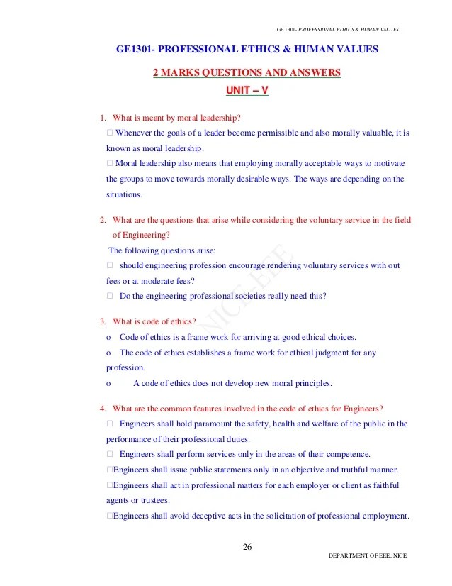 Professional Ethics In Engineering Solved 2 Marks And 16 Marks Questions With Answers What are human values.