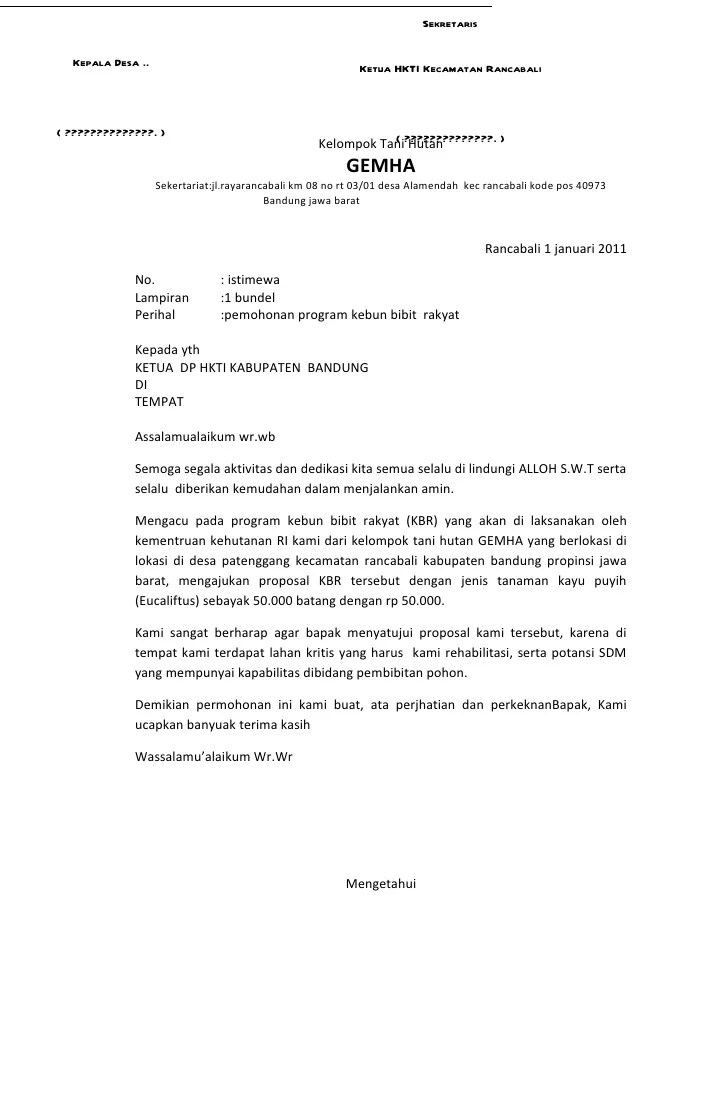 Surat permohonan bantuan bibit toga dan tanah polibek untuk kelompok dasawisma mawar 20 yang ditunjuk sebagai percontohan penanaman toga di pekaran. Contoh Surat Dinas Permohonan Bantuan Bibit