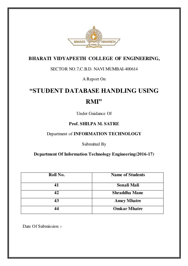 Report On Mini Project Student Database Handling Using Rmi
