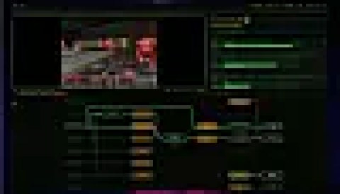 technology A dark software dashboard shows a Doom game window, code panels, and connected flowchart diagrams.